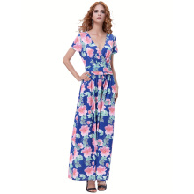 Kate Kasin Womens Elegant Summer Floral Pattern Short Sleeve V-Neck Maxi Dress KK000686-1